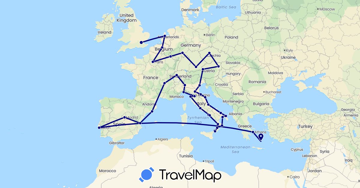 TravelMap itinerary: driving in Austria, Belgium, Switzerland, Czech Republic, Germany, Spain, France, United Kingdom, Greece, Italy, Luxembourg, Netherlands, Portugal (Europe)