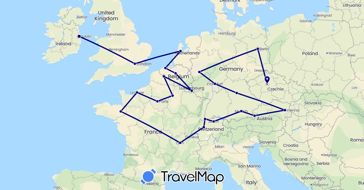 TravelMap itinerary: driving in Austria, Belgium, Switzerland, Czech Republic, Germany, France, United Kingdom, Ireland, Luxembourg, Netherlands (Europe)